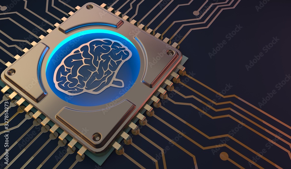 Poster machine learning brain symbol on circuit board 3d rendering