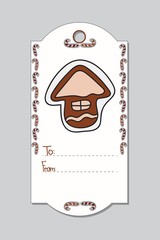 Christmas gift tag with hand-drawn Christmas symbols - gingerbread of house. Vector illustration isolated on grey background.