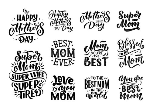 Set of Mother's day lettering for Gift card. Vintage Typography, great design for any purposes. Modern calligraphy banner template. Celebration quotes. Handwritten text postcard. Vector illustration