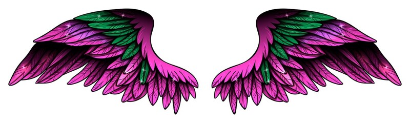Fototapeta premium Beautiful magic magenta fuchsia glowing wings, vector