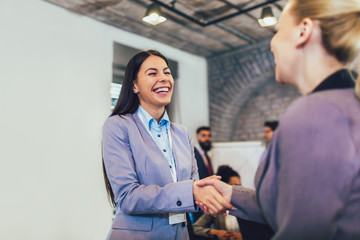 Obraz premium Young business people shaking hands in the office. Finishing successful meeting.