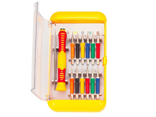 Set of Screwdrivers inside Toolbox, Screwdrivers Set, Box with Set of Tools on a white background