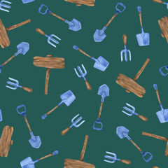 Seamless gardening pattern. Watercolor garden tools seamless pattern. Spring agriculture background. Endless pattern with hand drawn gardener equipment.