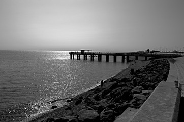 Black and white image of the seashore, a pier going into the sea.