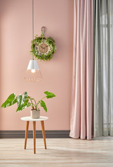 Pink room and wall decor, chair, violin and curtain interior style.