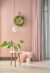Pink room and wall decor, chair, violin and curtain interior style.