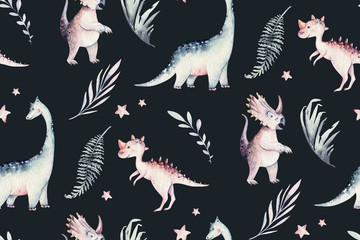 Cute cartoon baby dinosaurs seamless pattern watercolor paper, hand painted dino background texture Jurassic Park . Rex children funny art