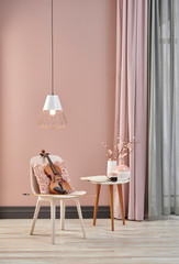 Pink room and wall decor, chair, violin and curtain interior style.
