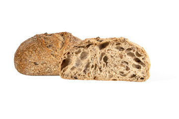 round wheat bread with various seeds and nuts isolated on white background. Whole and half