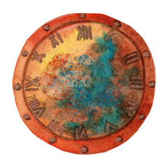 watercolor hand-drawn old rusty clock in steampunk style.