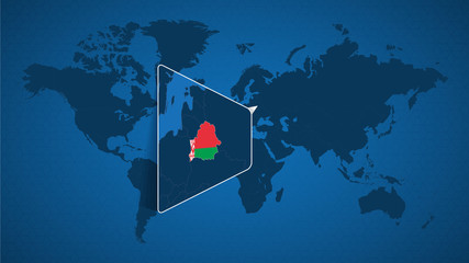 Detailed world map with pinned enlarged map of Belarus and neighboring countries. © boldg