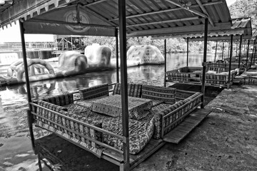 calm summer landscape on the turkish river Dim with restaurant on the water