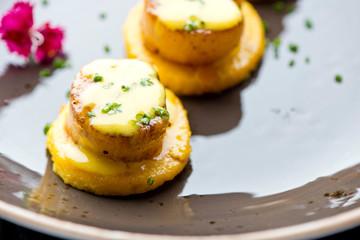 Scallops. Sea Scallops seared in brown butter sauce and garnished with a lemon sauce. 