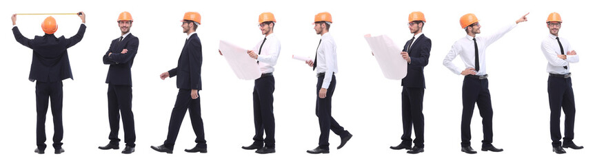 panoramic photo collage of qualified architect isolated on white