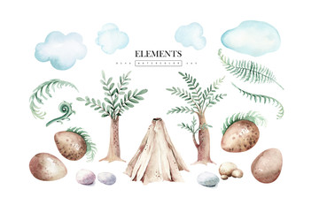 Cute cartoon baby dinosaurs collection watercolor illustration, hand painted dino isolated on a white background for nursery poster decoration. Rex children funny art © kris_art