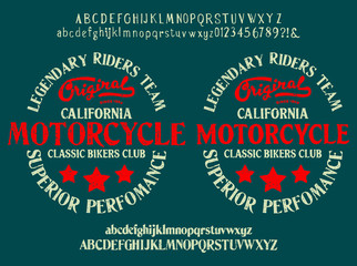 Emblem Motorcycle Collection .Decorative gothic serif font inspired by the Art Deco era.The font is perfect for elegant ligatures logo design. Letters, Numbers and Symbols. Vector Illustration.