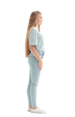 side view . cute girl in casual clothes