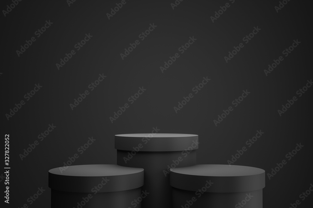 Poster black podium or pedestal display on dark background with cylinder stand concept. blank product shelf