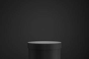 Black podium or pedestal display on dark background with cylinder stand concept. Blank product...