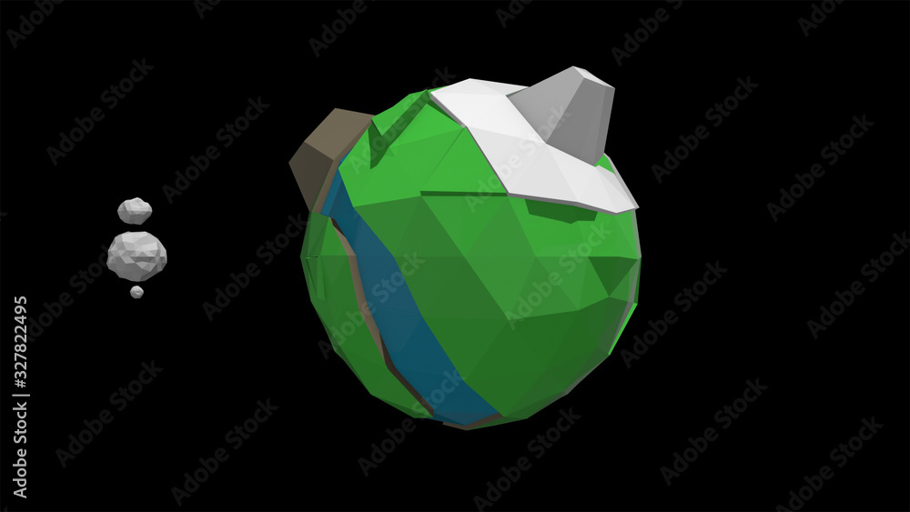 Poster funny polygonal model of planet in cartoon style floating over black background.