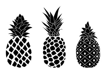 Vector pineapple fruit silhouettes isolated on white