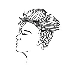 Women s hairstyle short hair. Black outline on a white background. Vector graphics.