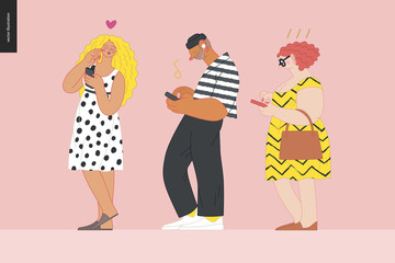 Waiting in line - modern flat vector concept illustration of a young men a women standing in line with smartphones, talking to each other. Multicultural, multilingual people, diversity concept