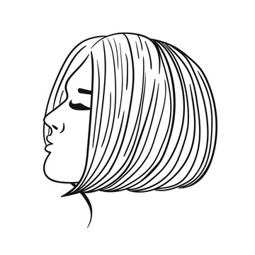 Women s hairstyle short hair. Black outline on a white background. Vector graphics.