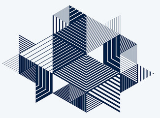 Line design 3D cubes and triangles abstract background, polygonal low poly isometric retro style template. Stripy graphic element isolated. Template for poster or banner, cover or ad.