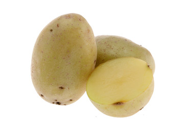 Isolated Australian potatoes. Cut raw potato vegetables isolated on white background with clipping path