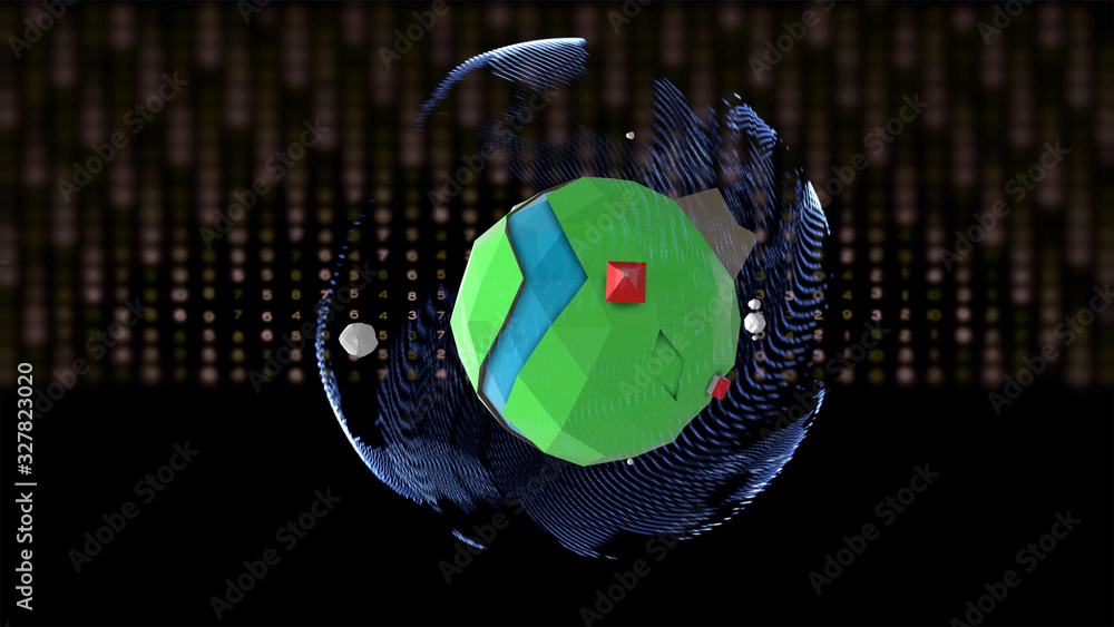 Aufkleber low-poly cartoon planet floating over black background with rows of numbers going down.