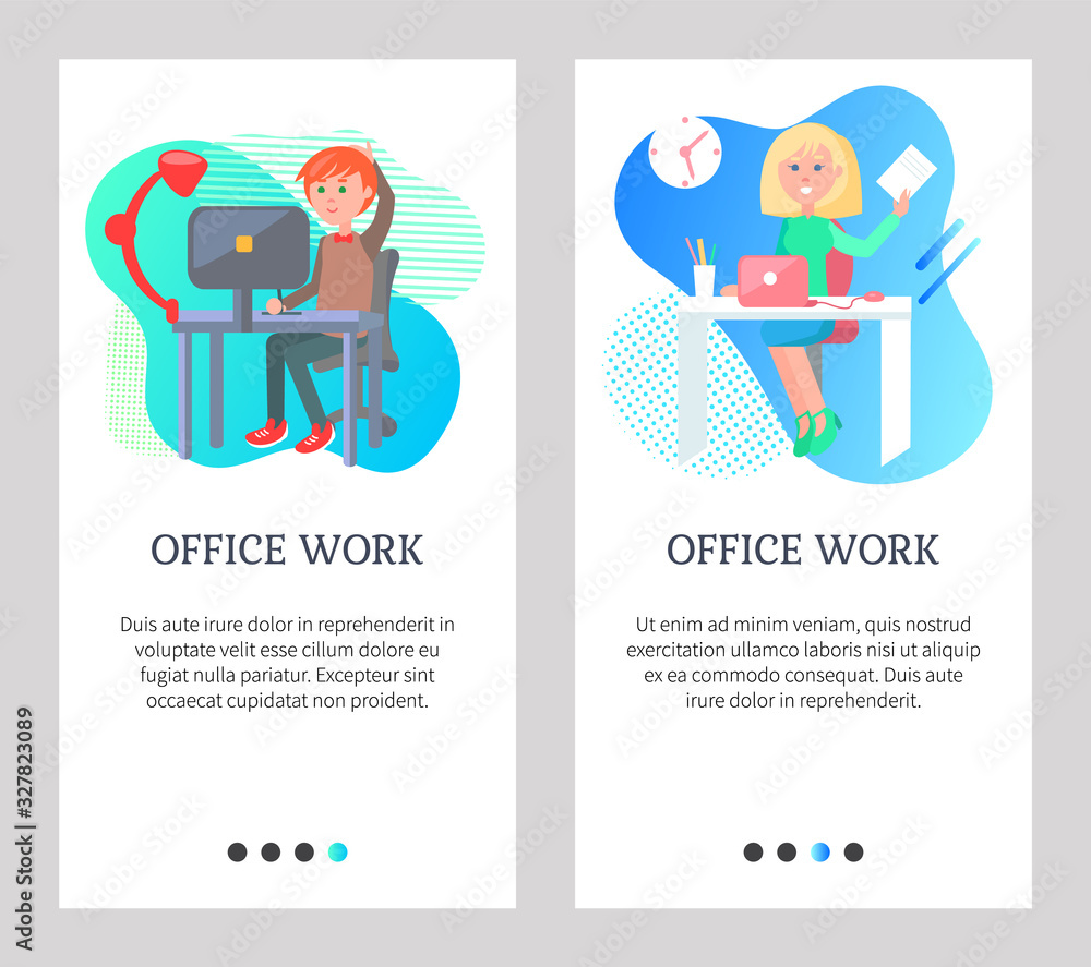 Poster office work vector, people working sitting by tables with supplies and gadgets for tasks fulfillment