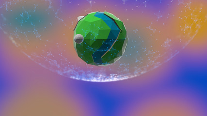 Abstract planet turning in magic dust fluctuating in wave circle or sphere over colorful background.