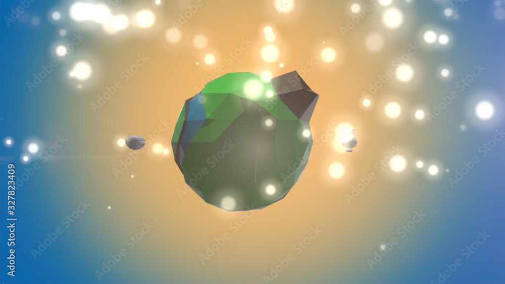 Poster abstract planet turning in magic bokeh lights fluctuating over colorful background.