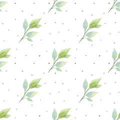 Fototapeta na wymiar Watercolor gentle leaves seamless pattern with golden shiny dots. Spring wallpaper.