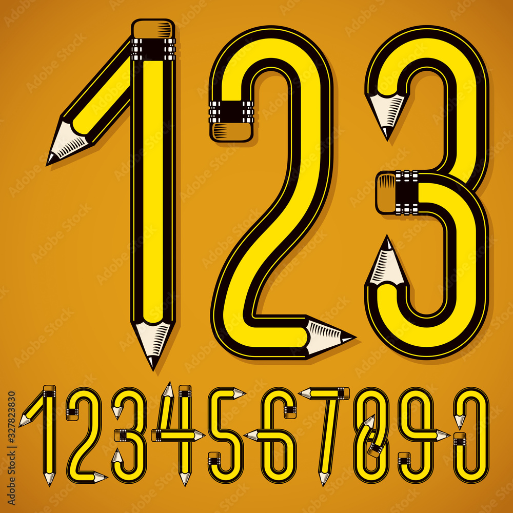Poster set of vector tall numbers created using stationery design, constructed with pencils, for use in rep