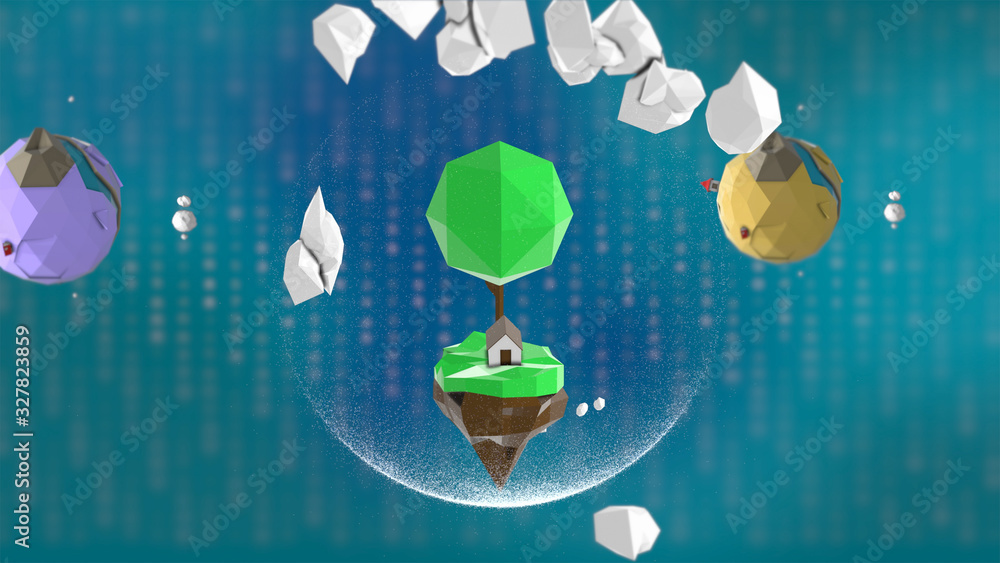 Poster cartoony planets and nice island rotating over colorful magical background in alpha matte.