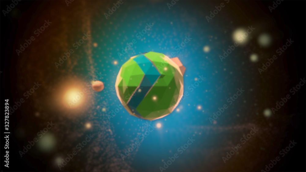 Poster cartoony planet rotating over magical background with gold light bokeh particles.