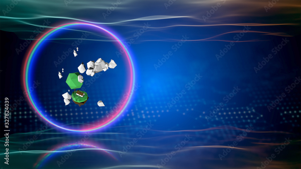 Poster 3d abstract low poly object inside a neon light ring over extraterrestrial virtual space.
