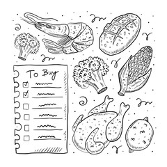 To buy list hand drawn doodle vector illustration, design element, icon, sticker. Isolated on white background. Easy to change color. Check list, chicken, broccoli, corn, shrimp, bread. Market, shop. 