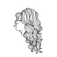Women s hairstyle with long hair. Black outline on a white background. Vector graphics.