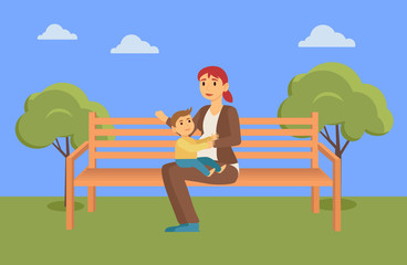 Obraz na płótnie Canvas Mother sit on wooden bench and feed son in summer park. Kid sitting on mother knees and eating meal from spoon. Mother care about child. Beautiful landscape of lawn. Vector illustration in flat style