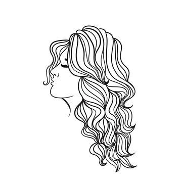 recommend clip art: Women s hairstyle with long hair. Black outline on a white background. Vector graphics.