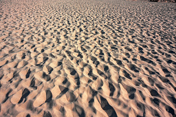 Footprints in the sand of the wild and sunny beaches of the Illetes in Formentera in the Balearic islands of Spain.