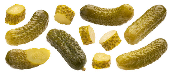 Pickled gherkins, marinated cucumbers isolated on white background