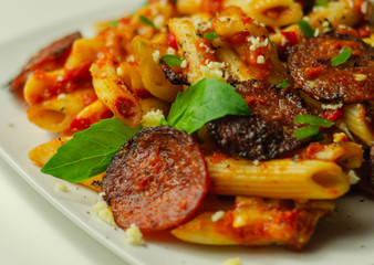 Pennette pasta in a spicy tomato sauce with sliced pepperoni, mozzarella, and mature cheddar cheeses