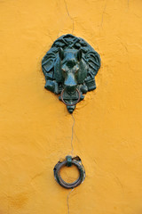  Green iron horse head with ring on an ocher wall