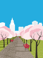 Hand drawn blooming sakura alley vector poster
