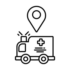 car of ambulance with map pin on white background