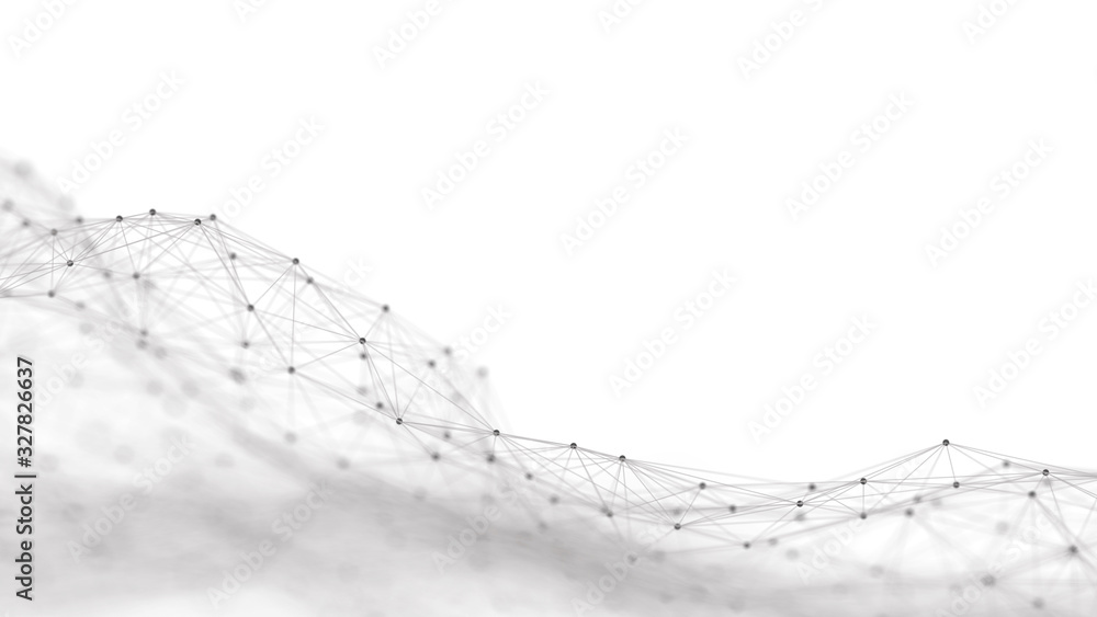 Aufkleber Wave of particles on white background. Network connection dots and lines. Digital background. 3d rendering.